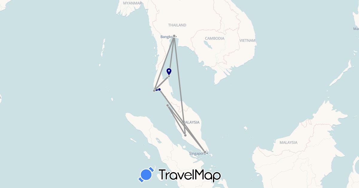 TravelMap itinerary: driving, plane in Malaysia, Singapore, Thailand (Asia)